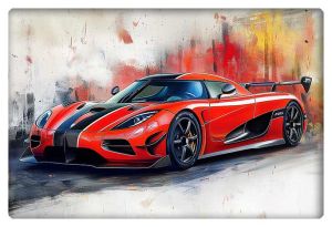 Digital artwork of a sleek Koenigsegg Agera RS in vibrant red and black, set against a dynamic background that emphasizes speed and elegance.