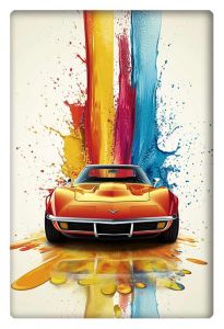 A bright orange sports car, splashed with bold yellow, red, and blue paint, creating a dynamic contrast on a light background.