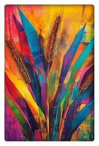 Abstract artwork featuring vibrant corn and wheat with a mix of colorful brushstrokes in bold shades of red, orange, blue, and green.