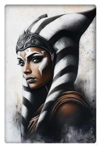 Portrait of a powerful female Jedi with striking facial markings and a regal headdress.