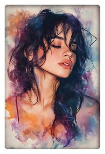 Watercolor-style portrait of a woman exuding grace and serenity with vivid, blended colors.