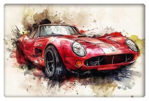 A striking watercolor artwork of a classic red sports car with hand-drawn detailing and dynamic splashes.