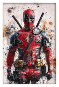 Watercolor-style spray-painted Deadpool with katanas in his iconic red and black suit.