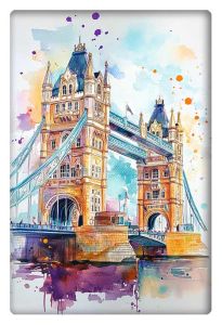 A vibrant watercolor painting of London's Tower Bridge, with splashes of colorful hues enhancing the iconic structure's charm.