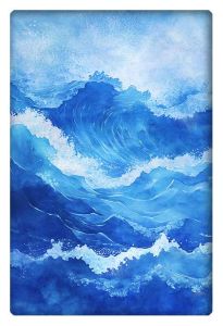 Vibrant blue watercolor painting of ocean waves crashing with fluid movement and textured details.