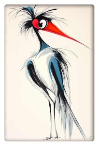 A whimsical bird with exaggerated features, including a long red beak and disheveled feathers, drawn in a playful, minimalist style.