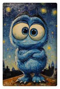 Charming blue cartoon monster standing under a Van Gogh-inspired starry sky with large expressive eyes.