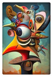 A vibrant and surreal abstract composition of various animals and shapes with exaggerated features and bold colors.