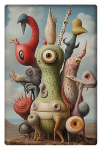 Surreal abstract artwork featuring a group of strange, colorful animals in an imaginative landscape.