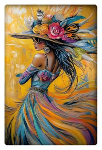 A vibrant painting of a woman in a colorful dress and large feathered hat, dancing amidst swirling abstract patterns.