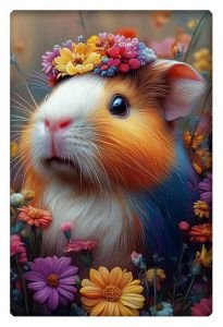 A cute guinea pig wearing a crown of colorful flowers, sitting among a field of vibrant blossoms.