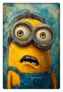 A Minion with a surprised expression painted in a Van Gogh-inspired style, showcasing textured brushstrokes and vibrant colors.