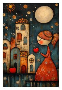 Whimsical folk art painting featuring a young girl in a red dress holding an apple, set against a dreamy village scene under a full moon.