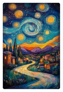 Colorful swirling night sky over a quiet village, inspired by Van Gogh’s Starry Night.