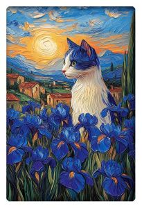 A white and blue cat sits among vibrant blue irises in a colorful landscape with a glowing sunset and mountains in the background.