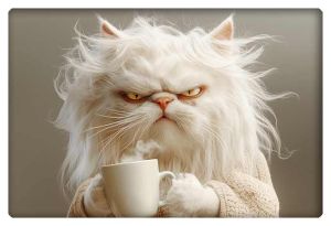 Grumpy white Persian cat with messy, disheveled fur, holding a steaming mug of coffee.