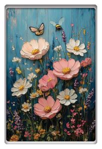 A vibrant oil painting of blooming wildflowers in pink, white, and yellow, with butterflies and bees hovering above.