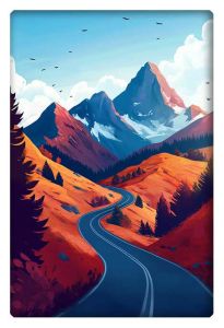 Illustration of a winding road leading through vibrant mountains with a clear blue sky.