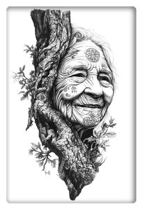 Smiling elderly woman with tree bark merging with her face in black and white.