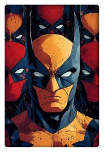 Wolverine’s intense mask with a repeating pattern of Deadpool masks in the background.