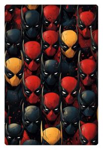 Pattern of Wolverine and Deadpool masks in a bold comic book style.