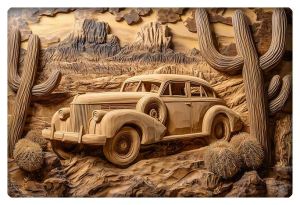 A beautifully detailed 3D wood carving of a vintage Cadillac set in a desert landscape with cacti and rocky mountains.