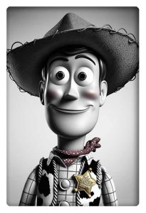 Black-and-white portrait of Woody from Toy Story, showcasing the iconic character's playful smile and sheriff badge.