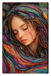 A serene and dreamy portrait of a young woman peacefully resting, her face framed by colorful and intricately woven textured fabrics. The soft pastel hues and vibrant threads create a cozy, whimsical atmosphere.