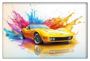 A vibrant yellow Corvette showcased with an explosion of colorful paint splashes behind it, blending realism and modern abstract art.