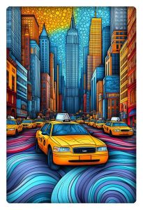 Colorful abstract artwork of New York City, featuring iconic yellow taxis driving through vibrant, wavy streets with skyscrapers in the background.