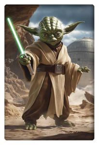 Yoda holding a green lightsaber on a desert planet with the Death Star in the background.