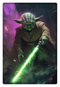 Yoda wielding a green lightsaber in a dynamic grunge-style artwork.