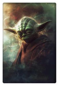 Yoda in a grunge-style art, surrounded by mist with a serene expression.