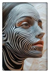 A woman's face is covered in mesmerizing black-and-white zebra-like stripes, creating an optical illusion effect, reminiscent of surrealist art.