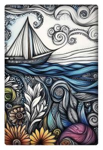 A whimsical zentangle-style seascape featuring a sailboat on the waves, surrounded by intricate floral and swirl designs.