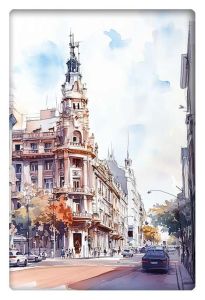 A watercolor illustration of a historic Buenos Aires street, showcasing grand architecture and soft urban colors.