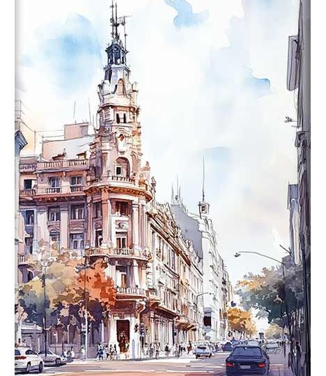 A watercolor illustration of a historic Buenos Aires street, showcasing grand architecture and soft urban colors.