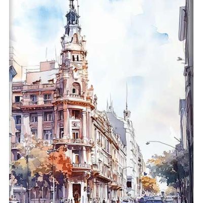 A watercolor illustration of a historic Buenos Aires street, showcasing grand architecture and soft urban colors.