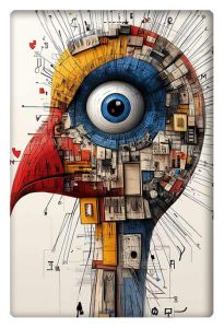 A surreal artwork of a bird’s head made up of intricate architectural elements, with a large blue eye and a vibrant beak in red, yellow, and blue tones.