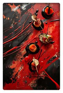 A culinary-inspired abstract artwork featuring vibrant red and black paint splatters with creatively arranged appetizers.