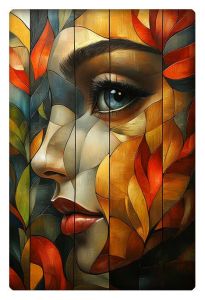 A vibrant portrait of a woman's face intertwined with autumn leaves, blending natural and abstract elements in warm, earthy tones.