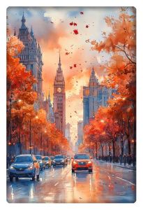 A watercolor-style painting of a city street in autumn, with tall historic buildings, cars on the road, and trees with vibrant orange leaves.