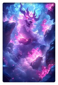 A majestic, glowing dragon with fiery pink and blue energy, emerging from mystical clouds, radiating power and magic.