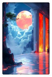 A surreal artwork depicting a red full moon amidst clouds, viewed through a grand open doorway with glowing red walls and a reflective marble floor.