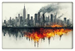 A striking digital artwork of a modern city skyline with smoke rising from buildings, reflected in water showing burning trees and flames below.