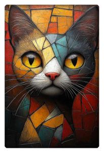 A cubist-style painting of a cat with bright yellow eyes, composed of geometric shapes in vibrant red, blue, orange, and yellow tones.