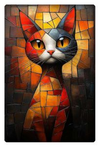 A vibrant cubist-style artwork of a cat with large yellow eyes, composed of geometric shapes in warm tones of orange, red, and brown.