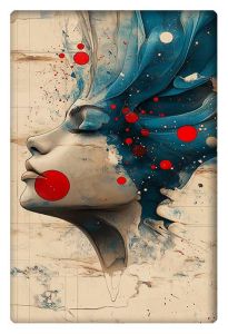 A surreal portrait of a woman’s profile with flowing blue hair and abstract red circles, creating a dreamlike, ethereal composition.