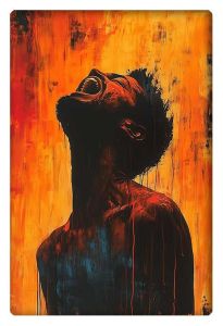 A powerful portrait of a Black man in profile, screaming with intensity against a backdrop of fiery orange and black hues.