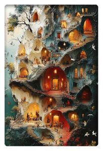 An intricate painting of a whimsical cliffside village with glowing doorways, winding staircases, and small figures in vibrant rooms.